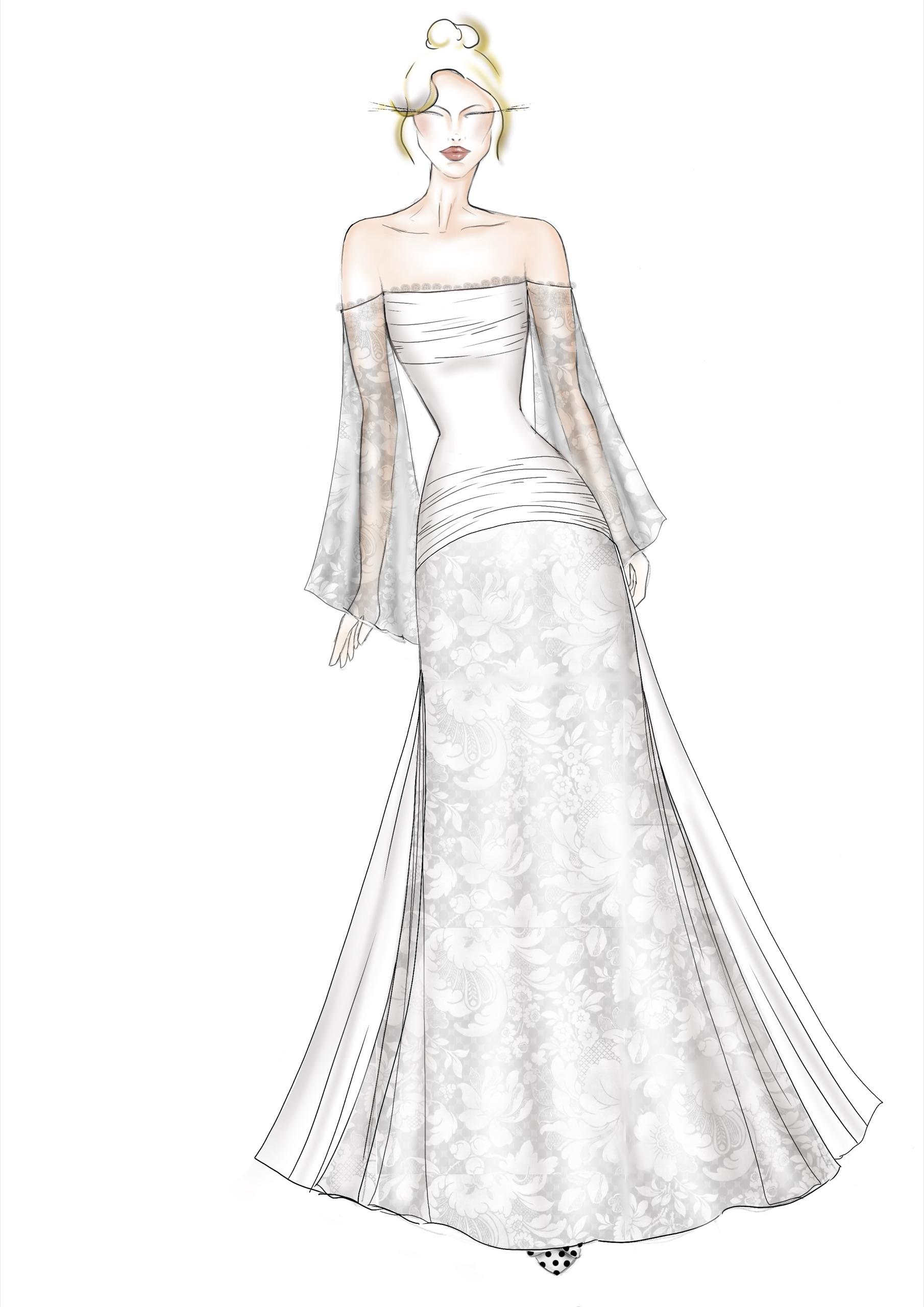 Un croquis de robe de mariée dessiné à la main par Clara